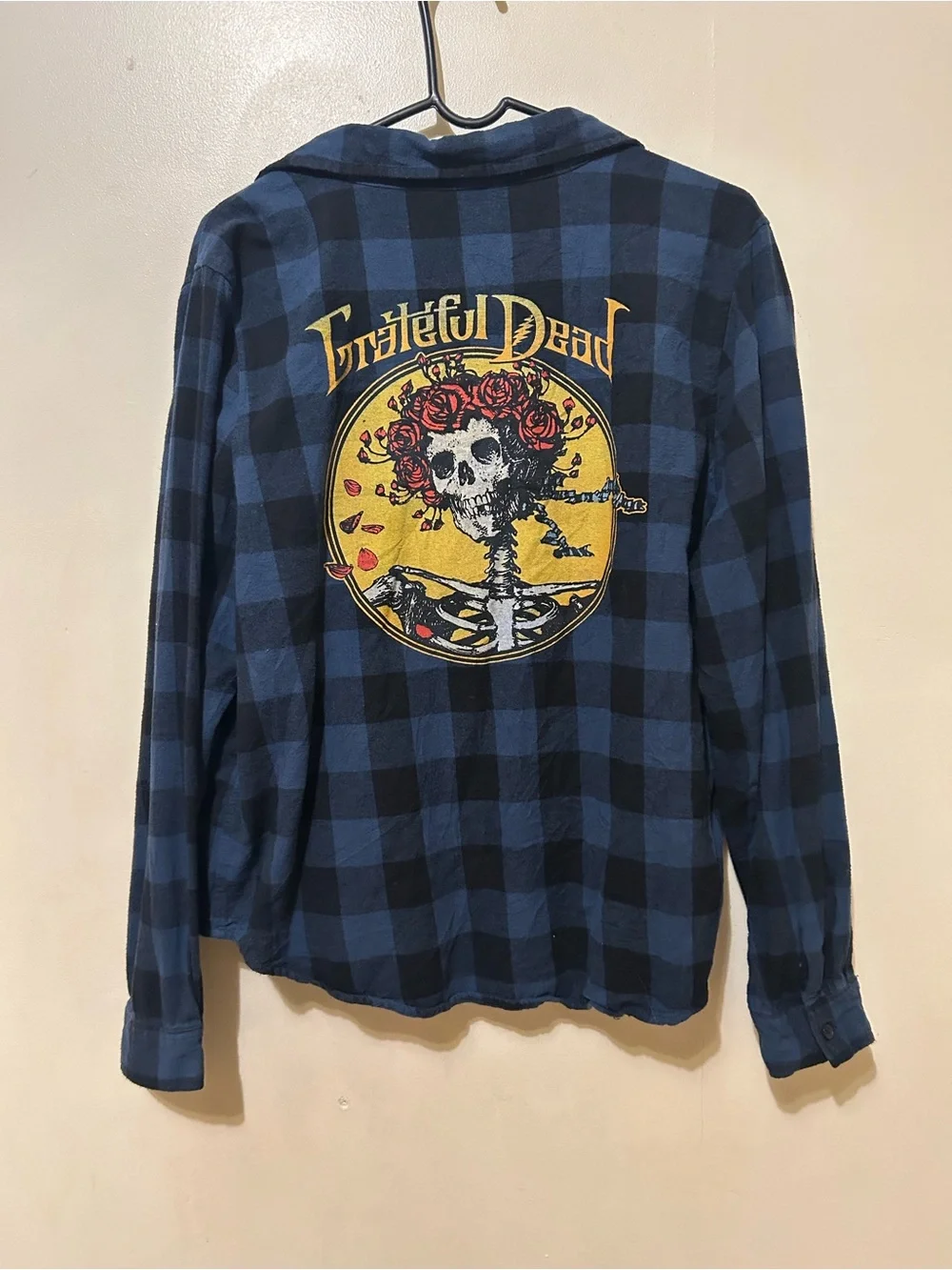 Grateful Dead Blue & Black Plaid flannel shirt with Skull Back Graphic Sz L